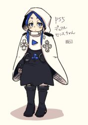 Rule 34 | 1girl, black footwear, blue eyes, blue hair, boots, chichibu (watson), cloak, dress, dualsense, game console, half-closed eyes, hood, hood up, hooded cloak, logo, low twintails, personification, playstation 5, playstation controller, simple background, solo, sony, standing, twintails