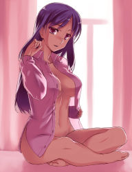 Rule 34 | 1girl, bad id, bad pixiv id, barefoot, breasts, cleavage, curtains, dress shirt, highres, indian style, large breasts, long hair, naked shirt, navel, open clothes, open shirt, purple eyes, purple hair, shirt, sitting, solo, tiha, white shirt, window