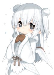 Rule 34 | 1girl, blue eyes, blush, closed mouth, commentary request, cowboy shot, feathered wings, hair bobbles, hair ornament, long hair, long sleeves, looking at viewer, mittens, mofuaki, original, petite, pointy ears, sidelocks, solo, tareme, two side up, white hair, white wings, wide sleeves, wings