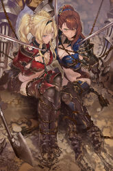 Rule 34 | 2girls, absurdres, armor, arms behind back, axe, beatrix (granblue fantasy), blonde hair, blue eyes, boots, breasts, brown hair, captured, chain, chained, cleavage, cleavage cutout, clothing cutout, commission, dirty, gauntlets, granblue fantasy, green eyes, high heel boots, high heels, highres, large breasts, long hair, mud, multiple girls, navel, pauldrons, ponytail, restrained, shoulder armor, sword, tears, thighhighs, torn clothes, twintails, weapon, yewang19, zeta (granblue fantasy)