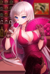 Rule 34 | 1girl, aile (crossroads), alcohol, black thighhighs, blue eyes, breasts, cleavage, crossed legs, cup, dress, drink, drinking glass, earrings, garter straps, glass, gloves, hand fan, holding, jewelry, lace, lace-trimmed legwear, lace trim, large breasts, long hair, lowres, purple eyes, shiny skin, sigma (sword girls), sitting, smile, solo, sword girls, thighhighs, very long hair, white hair, wine, wine glass
