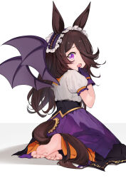 Rule 34 | 1girl, absurdres, animal ears, barefoot, bat wings, brown hair, clothing cutout, fang, feet, frilled hairband, frills, gloves, hair over one eye, hairband, halloween, halloween costume, hermityy, high-waist skirt, highres, horse ears, horse girl, kneeling, long bangs, long hair, official alternate costume, open mouth, puffy short sleeves, puffy sleeves, purple eyes, purple gloves, purple hairband, purple skirt, purple wings, rice shower (make up vampire!) (umamusume), rice shower (umamusume), shirt, short sleeves, skirt, soles, solo, tail, tail through clothes, toes, umamusume, white shirt, wings