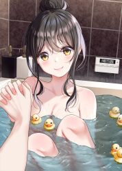 Rule 34 | 1boy, 1girl, absurdres, bath, bathing, bathroom, bathtub, black hair, breasts, cleavage, closed mouth, commentary request, hair bun, highres, holding hands, hominotsu, interlocked fingers, knees up, long hair, medium breasts, mixed-sex bathing, original, partially submerged, pov, pov hands, rubber duck, shared bathing, single hair bun, sitting, smile, solo focus, tile wall, tiles, water, yellow eyes