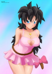 Rule 34 | 1girl, black hair, blue eyes, breasts, cleavage, cleavage cutout, clothing cutout, commission, commissioner upload, diamond (gemstone), dragon ball, dragon ball gt, dragon ball heroes, dragon ball super, dragon ball xenoverse, dragonball z, dress, gold necklace, heart, heart cutout, heart necklace, highres, jewelry, long hair, messy hair, monkey tail, necklace, original, pink dress, ribbon, saiyan, smile, tail, tail ornament, tail ribbon, tail wrap, valentine, zel-sama, zou (oc)