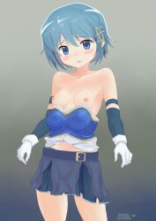 Rule 34 | 1girl, absurdres, armband, artist logo, artist name, bare shoulders, belt buckle, blue eyes, blue hair, blue skirt, blush, breasts, breasts out, buckle, cerealxs, collarbone, cowboy shot, female focus, gloves, hair ornament, highres, looking at viewer, mahou shoujo madoka magica, medium breasts, miki sayaka, navel, nipples, shirt, short hair, simple background, skirt, small breasts, solo, standing, strapless, strapless shirt, thighs, white gloves