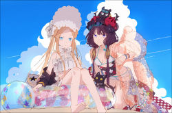 Rule 34 | 2girls, abigail williams (fate), abigail williams (swimsuit foreigner) (fate), abigail williams (swimsuit foreigner) (third ascension) (fate), bare shoulders, beach, beads, belt, bikini, black cat, blonde hair, blue eyes, blue sky, bonnet, bow, bracelet, braid, breasts, cat, cleavage, collarbone, day, fate/grand order, fate (series), floral print, forehead, goggles, goggles on head, hair bow, hair ornament, hair rings, hakusai (tiahszld), innertube, jewelry, katana, katsushika hokusai (fate), katsushika hokusai (swimsuit saber) (fate), long hair, looking at viewer, medium breasts, miniskirt, multiple girls, obi, octopus, outdoors, parted bangs, purple hair, sash, sidelocks, sitting, skirt, sky, small breasts, swim ring, swimsuit, sword, thigh strap, thighs, tokitarou (fate), twin braids, twintails, very long hair, weapon, white bikini, white bow, white headwear