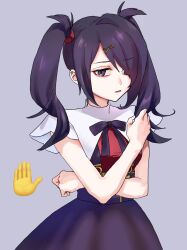 Rule 34 | 1girl, ame-chan (needy girl overdose), black hair, black ribbon, black skirt, collared shirt, commentary request, cowboy shot, emoji, grey background, hair ornament, hair over one eye, hand up, highres, long hair, looking at viewer, neck ribbon, needy girl overdose, parted lips, purple eyes, red shirt, ribbon, shirt, simple background, skirt, solo, suspender skirt, suspenders, tonabe, twintails, x hair ornament