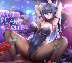 Rule 34 | 1boy, 1girl, animal ears, armband, armpits, arms up, azur lane, between breasts, black pantyhose, blue eyes, blue hair, bodystocking, breasts, cash cannon, cleavage, collar, commentary, cowgirl position, english commentary, fake animal ears, girl on top, headgear, large breasts, leotard, looking at viewer, luminous, mixed-language commentary, new jersey (azur lane), new jersey (exhilarating steps!) (azur lane), nightclub, official alternate costume, pantyhose, playboy bunny, pole, prostitution, rabbit ears, seductive smile, skin tight, skindentation, smile, spread legs, squatting, squatting cowgirl position, straddling, stripper, stripper pole, thick thighs, thighs, weapon
