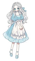 Rule 34 | 1girl, alternate costume, apron, baegsagwa161626, blue choker, blue dress, blue eyes, blue footwear, bow, choker, dress, final fantasy, final fantasy xiv, frilled apron, frilled sleeves, frills, full body, hair bow, half up braid, highres, long hair, looking at viewer, mary janes, own hands together, puffy short sleeves, puffy sleeves, shoes, short sleeves, simple background, smile, solo, standing, tachi-e, v arms, venat (ff14), white apron, white background, white hair