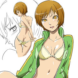 Rule 34 | 1girl, angry, arms behind back, ass, atlus, back, blush, bra, breasts, brown hair, butt crack, cleavage, hairu, jacket, lingerie, lowres, navel, open clothes, open jacket, panties, persona, persona 4, satonaka chie, short hair, small breasts, thigh gap, track jacket, tsundere, underwear