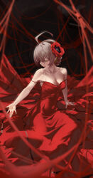 Rule 34 | 1girl, absurdres, ahoge, alternate costume, bare arms, bare shoulders, blurry, blurry background, blurry foreground, bra strap, breasts, circle skirt, cleavage, collarbone, depth of field, dress, film grain, flower, full body, green eyes, hair flower, hair ornament, half-closed eyes, highres, idolmaster, idolmaster million live!, kimi (hearty yuuki), light brown hair, long bangs, long dress, looking away, looking to the side, medium breasts, off shoulder, red dress, red flower, red ribbon, ribbon, sakuramori kaori, short hair, sitting, sleeveless, sleeveless dress, solo, spaghetti strap