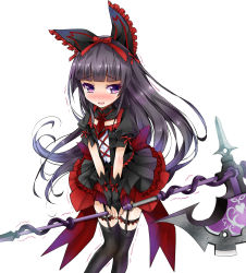 Rule 34 | 1girl, back bow, black gloves, black hair, black thighhighs, blunt bangs, blush, bow, cleavage cutout, clothing cutout, dress, embarrassed, female focus, flat chest, frilled dress, frills, gate - jieitai ka no chi nite kaku tatakaeri, gloves, gothic lolita, hair ribbon, halberd, have to pee, heart, highres, holding, holding weapon, huge weapon, knees together feet apart, lolita fashion, long hair, necktie, nose blush, open mouth, own hands together, polearm, puffy short sleeves, puffy sleeves, purple eyes, ratryu, red necktie, red ribbon, ribbon, rory mercury, short sleeves, simple background, solo, standing, sweat, tears, thighhighs, trembling, v arms, weapon, white background