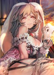 Rule 34 | 10s, 1girl, bad id, bad pixiv id, bare shoulders, black ribbon, blonde hair, breasts, brown hair, chain chronicle, cleavage, closed mouth, cloud, cross-laced clothes, detached collar, detached sleeves, female focus, fingerless gloves, flower, frills, from below, fur trim, gem, gloves, hair flower, hair ornament, heart, holding, holding mask, hood, jewelry, large breasts, long hair, looking at viewer, mask, unworn mask, momo alto, red eyes, ribbon, ribbon trim, sharolala, sitting, sky, smile, solo, twilight
