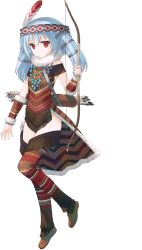 Rule 34 | 1girl, aquaplus, arm guards, arrow (projectile), blue hair, bou (inubou), bow (weapon), dress, dungeon travelers 2, feathers, full body, fur trim, headband, highres, long hair, necktie, quiver, red eyes, shoes, short dress, solo, striped clothes, striped dress, striped thighhighs, thighhighs, transparent background, tsurara (dungeon travelers 2), weapon, zettai ryouiki