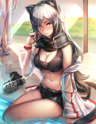 Rule 34 | 2girls, absurdres, animal ears, arknights, bare shoulders, black scarf, black shorts, blue nails, breasts, cat ears, ceylon (arknights), cleavage, crop top, hand up, highres, indoors, jacket, lanse dai mao, large breasts, long hair, long sleeves, looking at viewer, midriff, multiple girls, nail polish, navel, off shoulder, scarf, schwarz (arknights), short shorts, shorts, silver hair, sitting, soaking feet, solo focus, stomach, thighs, very long hair, water, wet, white jacket, yellow eyes