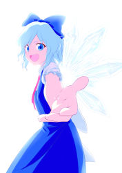 Rule 34 | 1girl, :d, blue dress, blue eyes, blue hair, cirno, dress, hair ribbon, highres, ice, ice wings, looking at viewer, matching hair/eyes, open mouth, outstretched arm, puffy sleeves, reaching, reaching towards viewer, ribbon, short hair, short sleeves, simple background, smile, solo, sugiura rippu, touhou, upper body, white background, wings