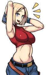 Rule 34 | 1girl, absurdres, belt, blonde hair, blue eyes, blue mary, breasts, fingerless gloves, gloves, highres, large breasts, midriff, navel, open mouth, smile, snk, the king of fighters