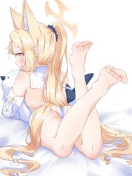 Rule 34 | 1girl, absurdly long hair, absurdres, adapted costume, alternate hairstyle, animal ear fluff, animal ears, armpit crease, ass, back, backless leotard, barefoot, blonde hair, blue archive, blush, bright pupils, commentary request, detached sleeves, feet, flying sweatdrops, forehead, fox ears, from behind, gradient eyes, hair ornament, hair scrunchie, halo, high ponytail, highres, holding, holding stuffed toy, hugging object, leotard, long hair, lying, multicolored eyes, on stomach, open mouth, orange eyes, profile, ribs, sailor collar, scrunchie, seia (blue archive), smile, soles, stuffed animal, stuffed bird, stuffed toy, sweatdrop, the pose, thighs, toes, u9ffo, very long hair, white leotard, white pupils, white sailor collar, yellow eyes