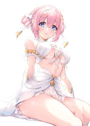 Rule 34 | 1girl, :o, absurdres, bare shoulders, blue eyes, blush, braid, braided hair rings, breasts, closed eyes, gloves, hair ornament, hair rings, high-waist skirt, highres, medium breasts, open mouth, pink hair, princess connect!, revealing clothes, shiny skin, short hair, simple background, sitting, skirt, solo, thighs, underboob, white background, white gloves, white skirt, xin (zinc), yui (ceremonial) (princess connect!), yui (princess connect!)