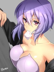 Rule 34 | 1girl, bare shoulders, breast press, breasts, cleavage, coat, collarbone, condom, condom in mouth, condom wrapper, ghost in the shell, ghost in the shell stand alone complex, kusanagi motoko, large breasts, lipstick, makeup, mataro (matarou), mouth hold, open clothes, purple hair, red eyes, short hair, solo, upper body, white lips