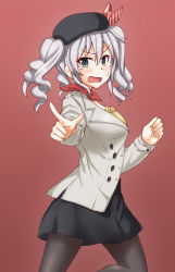 Rule 34 | 1girl, anti (untea9), beret, black hat, black skirt, blouse, blue eyes, breasts, commentary request, crying, from side, hat, highres, jacket, kantai collection, kashima (kancolle), large breasts, pantyhose, pointing, pointing at viewer, red background, red scarf, scarf, shirt, sidelocks, silver hair, simple background, skirt, solo, twintails, wavy hair, wavy mouth, white jacket, yellow shirt