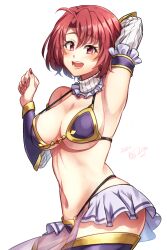 Rule 34 | 1girl, :d, alternate costume, arm up, armor, bikini, bikini armor, blush, breasts, cow girl (goblin slayer!), cowboy shot, dated, goblin slayer!, highres, kankitukou, large breasts, looking at viewer, midriff, open mouth, pink eyes, purple bikini, red hair, short hair, simple background, smile, solo, swimsuit, vambraces, white background
