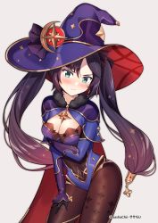 Rule 34 | 1girl, aqua eyes, blush, breasts, cape, cleavage, fur trim, genshin impact, gloves, hair ornament, hat, hat ornament, highres, leotard, long sleeves, looking at viewer, mona (genshin impact), pantyhose, purple hair, sasha chii, simple background, solo, star (symbol), star hair ornament, star hat ornament, twintails, white background, witch hat