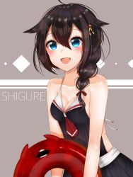 Rule 34 | 1girl, :d, ahoge, bare shoulders, black hair, blue eyes, blush, braid, breasts, character name, cleavage, enemy lifebuoy (kancolle), hair between eyes, hair over shoulder, kantai collection, long hair, looking at viewer, nerua, one-piece swimsuit, open mouth, sailor swimsuit, shigure (kancolle), single braid, smile, swimsuit