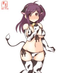 Rule 34 | 1girl, ahoge, alternate costume, animal ears, animal print, artist logo, bikini, breasts, brown eyes, commentary request, covered erect nipples, cow ears, cow horns, cow print, cow tail, cowboy shot, dated, fake animal ears, fake horns, front-tie top, hagikaze (kancolle), horns, kanon (kurogane knights), kantai collection, large breasts, long hair, one-hour drawing challenge, one side up, purple hair, side-tie bikini bottom, simple background, solo, swimsuit, tail, thighhighs, white background, white bikini, white thighhighs