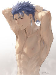 Rule 34 | 1boy, abs, armpit hair, armpits, arms up, blue hair, closed mouth, collarbone, colored armpit hair, completely nude, cu chulainn (fate), cu chulainn (fate/stay night), earrings, fate/stay night, fate (series), highres, jewelry, long hair, male focus, mondi hl, muscular, muscular male, navel, nipples, nude, red eyes, simple background, smile, solo, spiked hair, topless male, wet