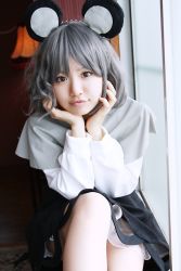 Rule 34 | 1girl, :3, animal ears, blouse, capelet, cosplay, cosplay photo, female focus, grey capelet, mouse ears, nazrin, non-web source, photo (medium), shirt, solo, touhou, white shirt