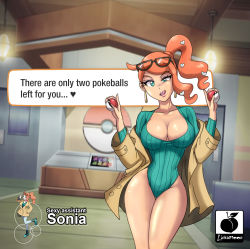 Rule 34 | 1girl, blue eyes, breasts, cleavage, collarbone, creatures (company), earrings, eyewear on head, game freak, glasses, hair ornament, highres, indoors, jacket, jewelry, large breasts, leotard, linkartoon, lips, long sleeves, looking at viewer, naughty face, nintendo, off shoulder, open mouth, orange hair, pokemon, pokemon swsh, side ponytail, solo, sonia (pokemon), teeth, text focus, thighs, tongue, upper teeth only