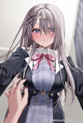 Rule 34 | 2girls, black nails, blue eyes, blue jacket, blurry, blush, breasts, chigusa minori, collared shirt, commentary request, cover, cover page, depth of field, dress shirt, female pov, gradient nails, grey hair, hair between eyes, hair ornament, hair over one eye, hamanasu ruka, highres, jacket, koutsugou semi-friend, kuruma suuna, large breasts, long hair, looking at viewer, manga cover, multiple girls, neck ribbon, nervous sweating, parted lips, pink ribbon, pov, purple nails, ribbon, second-party source, shirt, sidelocks, solo focus, sweat, sweatdrop, textless version, translation request, upper body, white shirt, x hair ornament, yuri