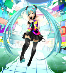 Rule 34 | 1girl, aqua eyes, arm behind back, bare shoulders, boots, eiji (eiji), hand on own chest, hatsune miku, headset, high heels, long hair, necktie, shoes, skirt, solo, tell your world (vocaloid), thigh boots, thighhighs, twintails, very long hair, vocaloid