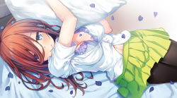 Rule 34 | 1girl, bed, black pantyhose, blue eyes, bra, breasts, brown hair, cleavage, facing viewer, go-toubun no hanayome, green skirt, hair between eyes, highres, holding, kazumasa, lace, lace bra, large breasts, long hair, looking at viewer, lying, midriff, nakano miku, navel, on side, open clothes, open shirt, pantyhose, pillow, pleated skirt, purple bra, school uniform, shirt, short sleeves, skirt, smile, solo, unbuttoned, unbuttoned shirt, underwear, uniform, upper body, white shirt