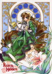 Rule 34 | 1girl, art nouveau, brown hair, copyright name, dress, drill hair, flower, full body, green dress, green eyes, head scarf, heterochromia, hitec, lily (flower), long dress, long hair, long sleeves, looking at viewer, red eyes, rozen maiden, solo, suiseiseki, twin drills, twintails, very long hair, watering can, window