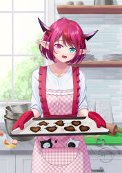 Rule 34 | 1girl, apron, bloom (irys), blue eyes, candy, chocolate, chocolate heart, cookie cutter, food, gloom (irys), gloves, gold necklace, heart, heterochromia, highres, holding pan, hololive, hololive english, horns, irys (hololive), jewelry, looking at viewer, multicolored hair, necklace, open mouth, pointy ears, purple hair, red apron, red eyes, red gloves, red hair, short hair, skyrail, two-tone hair, virtual youtuber