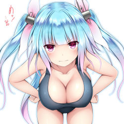 Rule 34 | 1girl, bare arms, bare shoulders, blue hair, blush, breasts, cleavage, frown, gradient hair, groin, hair ornament, hair ribbon, hand on own hip, i-19 (kancolle), kantai collection, kuromayu, large breasts, leaning forward, long hair, looking at viewer, multicolored hair, one-piece swimsuit, purple hair, red eyes, revision, ribbon, school swimsuit, simple background, solo, swimsuit, translated, tri tails, twitter username, white background