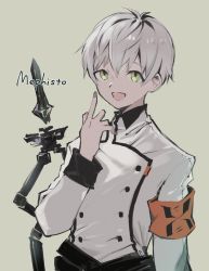 Rule 34 | 1boy, arknights, armband, bishounen, coat, english text, fuco, green eyes, index finger raised, looking at viewer, mephisto (arknights), open mouth, shirt, short hair, simple background, smile, solo, upper body, white coat, white hair