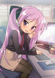 Rule 34 | 1girl, alternate costume, black pantyhose, black ribbon, black sweater, blush, breasts, brown skirt, chair, commentary request, cup, hair ribbon, highres, hiiragi kagami, hotaru iori, id card, indoors, keyboard (computer), lanyard, long hair, looking at viewer, lucky star, monitor, mouse (computer), office chair, office lady, pantyhose, parted lips, purple eyes, purple hair, ribbed sweater, ribbon, sitting, skirt, small breasts, solo, steam, sweater, swivel chair, turtleneck, turtleneck sweater, twintails, very long hair