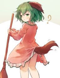 Rule 34 | 1girl, animal ears, ar (maeus), blush, broom, commentary request, dog ears, dog girl, dog tail, dress, green eyes, green hair, holding, holding broom, kasodani kyouko, long sleeves, looking at viewer, open mouth, pink dress, short hair, solo, tail, touhou, underwear