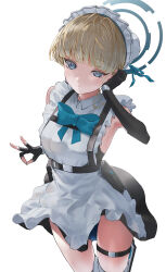 Rule 34 | 1girl, absurdres, apron, black dress, black gloves, blonde hair, blue archive, blue eyes, blue halo, dress, elbow gloves, fingerless gloves, gloves, halo, highres, looking at viewer, maid, maid apron, maid headdress, sleeveless, sleeveless dress, solo, syotaisverycute, thigh strap, toki (blue archive), white apron, white background, white headwear