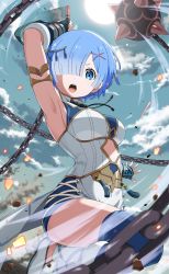 Rule 34 | 1girl, alternate costume, armpits, ball and chain (weapon), blue eyes, blue hair, blue legwear, bodysuit, breasts, day, gauntlets, hair ornament, highres, holding, holding weapon, looking at viewer, medium breasts, official art, open mouth, outdoors, re:zero kara hajimeru isekai seikatsu, rem (re:zero), short hair, spike ball, spiked ball and chain, standing, standing on one leg, tassel, weapon, white bodysuit, x hair ornament
