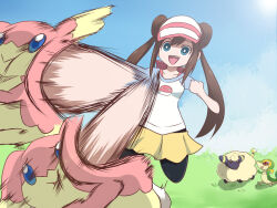 Rule 34 | 1girl, 3others, ashino moto, attack, audino, breasts, creatures (company), day, game freak, gen 2 pokemon, gen 5 pokemon, grass, long hair, mareep, motion lines, multiple others, nature, nintendo, open mouth, pokemon, pokemon (creature), pokemon bw2, rosa (pokemon), sky, smile, snivy, twintails, violence