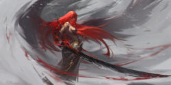 Rule 34 | 1girl, absurdres, aix-wxy, alternate costume, ass, back, bad link, breasts, covered eyes, elden ring, highres, holding, holding sword, holding weapon, long hair, looking at viewer, malenia blade of miquella, malenia goddess of rot, red hair, simple background, smile, solo, sword, very long hair, weapon, wings