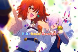 Rule 34 | 1other, 2girls, blush, breasts, buckle, carnival phantasm, carrot, chaldea uniform, commentary request, confetti, copyright name, creature, dancing, echo (circa), fate/grand order, fate (series), fou (fate), fujimaru ritsuka (female), glasses, hair between eyes, hair over one eye, holding, jacket, long sleeves, mash kyrielight, medium breasts, multiple girls, necktie, open mouth, orange eyes, orange hair, pink hair, pointing, pointing at viewer, purple eyes, red neckwear, short hair, simple background, smile, super affection, uniform, white background