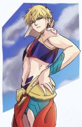 Rule 34 | 1boy, bare shoulders, blonde hair, blue sky, commentary request, cowboy shot, earrings, fate/grand order, fate (series), fingernails, from side, gilgamesh (fate), gilgamesh (caster) (fate), hands on own hips, highres, jewelry, looking at viewer, looking to the side, male focus, mi (pic52pic), open pants, pants, red eyes, shoulder tattoo, sky, solo, standing, tattoo, veil