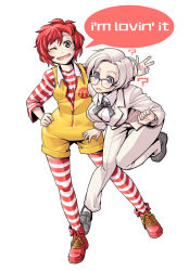 Rule 34 | 2girls, ?, animification, aosode, bad id, bad pixiv id, blue eyes, blush, breasts, colonel sanders, english text, formal, genderswap, genderswap (mtf), glasses, hand on own hip, kfc, leg up, mcdonald&#039;s, medium breasts, multiple girls, one eye closed, open mouth, pantyhose, red hair, ronald mcdonald, simple background, speech bubble, string tie, striped clothes, striped legwear, striped pantyhose, suit, sweatdrop, v, white hair, wink