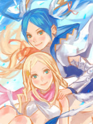 Rule 34 | 2girls, blonde hair, blue eyes, blue hair, criss-cross halter, hair ornament, hairclip, halterneck, halterneck, hand on another&#039;s shoulder, idunn &amp; idunna, long hair, looking at another, lotus (elico), multiple girls, ponytail, puzzle &amp; dragons, scarf, smile, twintails