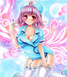Rule 34 | 1girl, alternate costume, at classics, blush, breasts, cleavage, collarbone, cosplay, female focus, frilled thighhighs, frills, garter straps, hat, large breasts, nurse, nurse cap, pink hair, red eyes, saigyouji yuyuko, short hair, smile, solo, syringe, thighhighs, touhou, traditional media